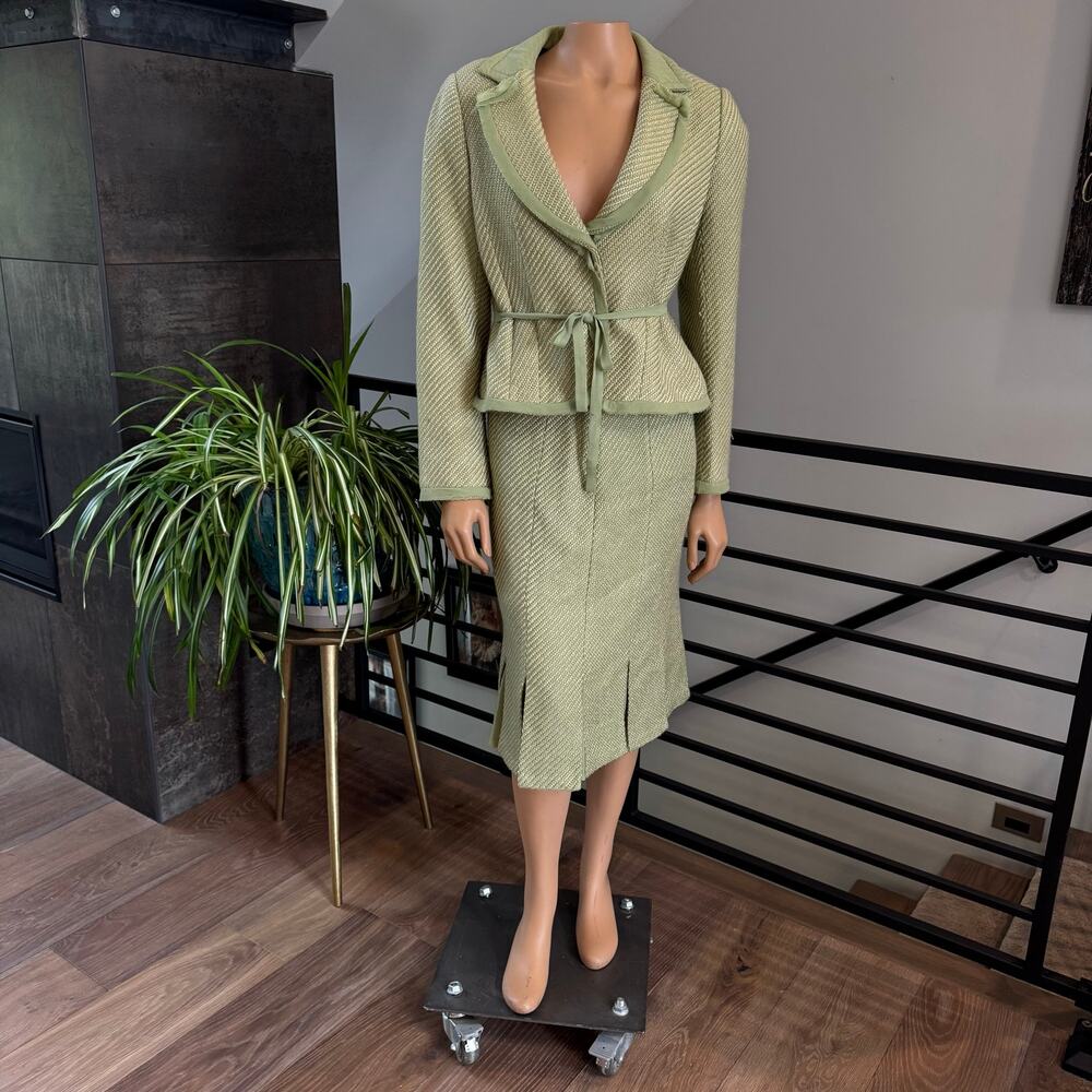 VTG 80’s TapeMeasure Skirt Suit Set Green Chevron Sz 8 Jacket / Sz 4 Midi Skirt